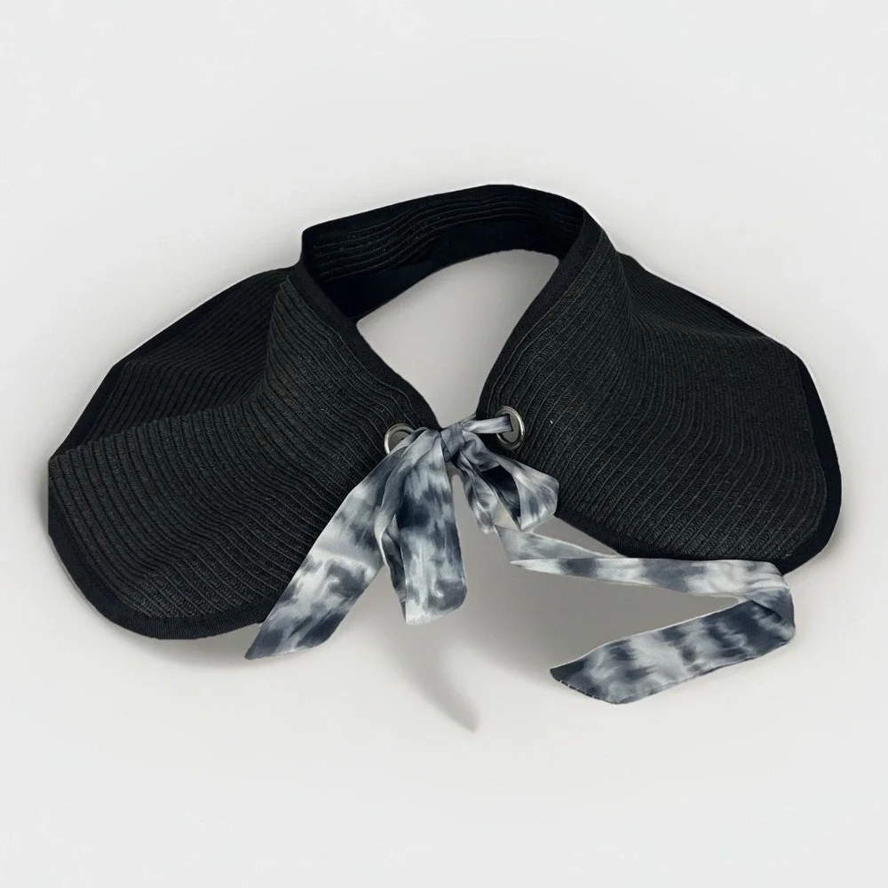 Steve Madden Womens‎ Black Wide Brim Sun Visor Hat Tie Dye Bow Adjustable Chic